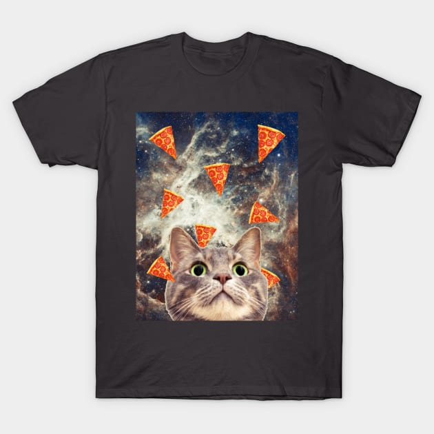 Cat in flying pizza space T-Shirt by reesea